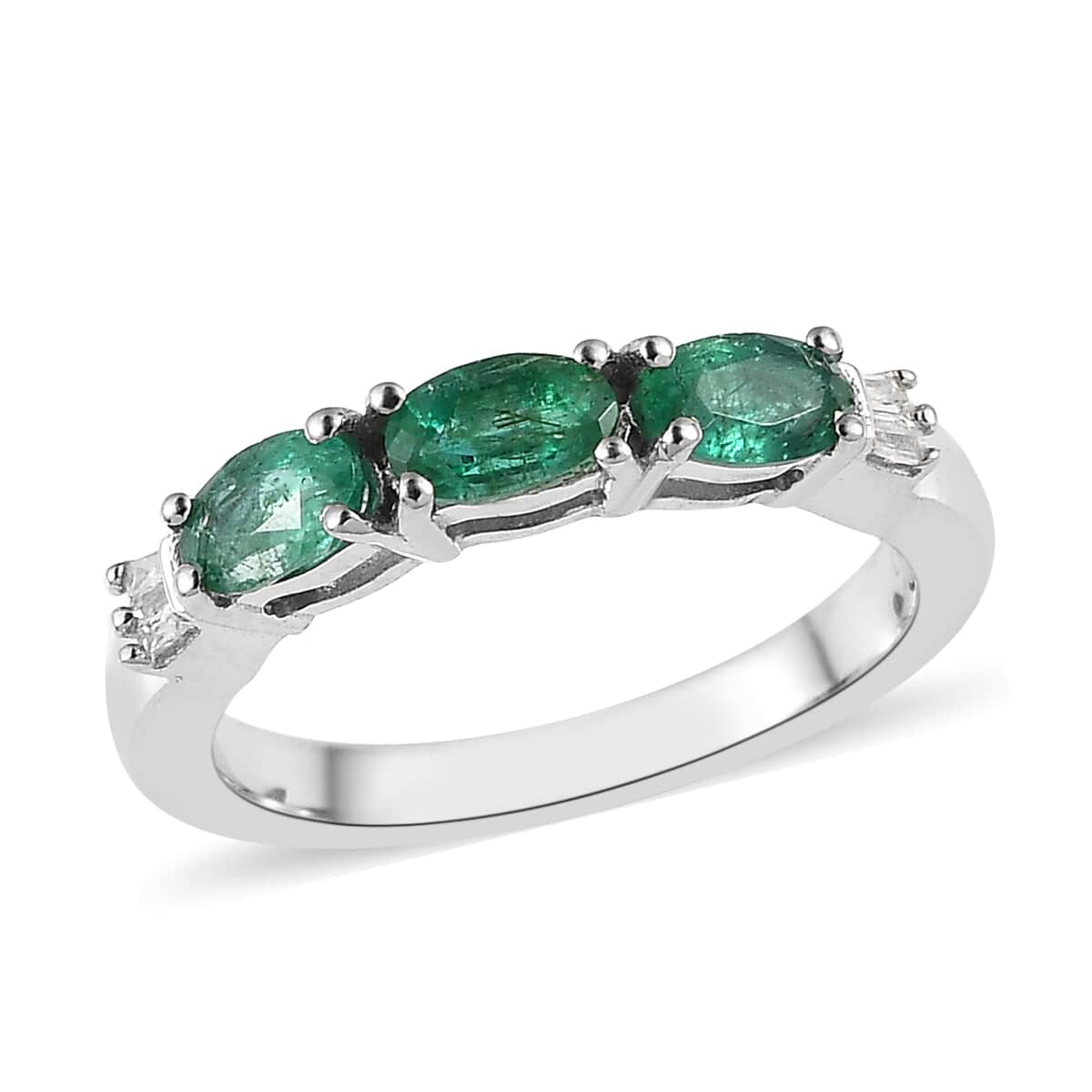 AAA Kagem Zambian Emerald and Diamond 3 Stone Ring in Platinum Over Sterling Silver 0.75 ctw image number 0
