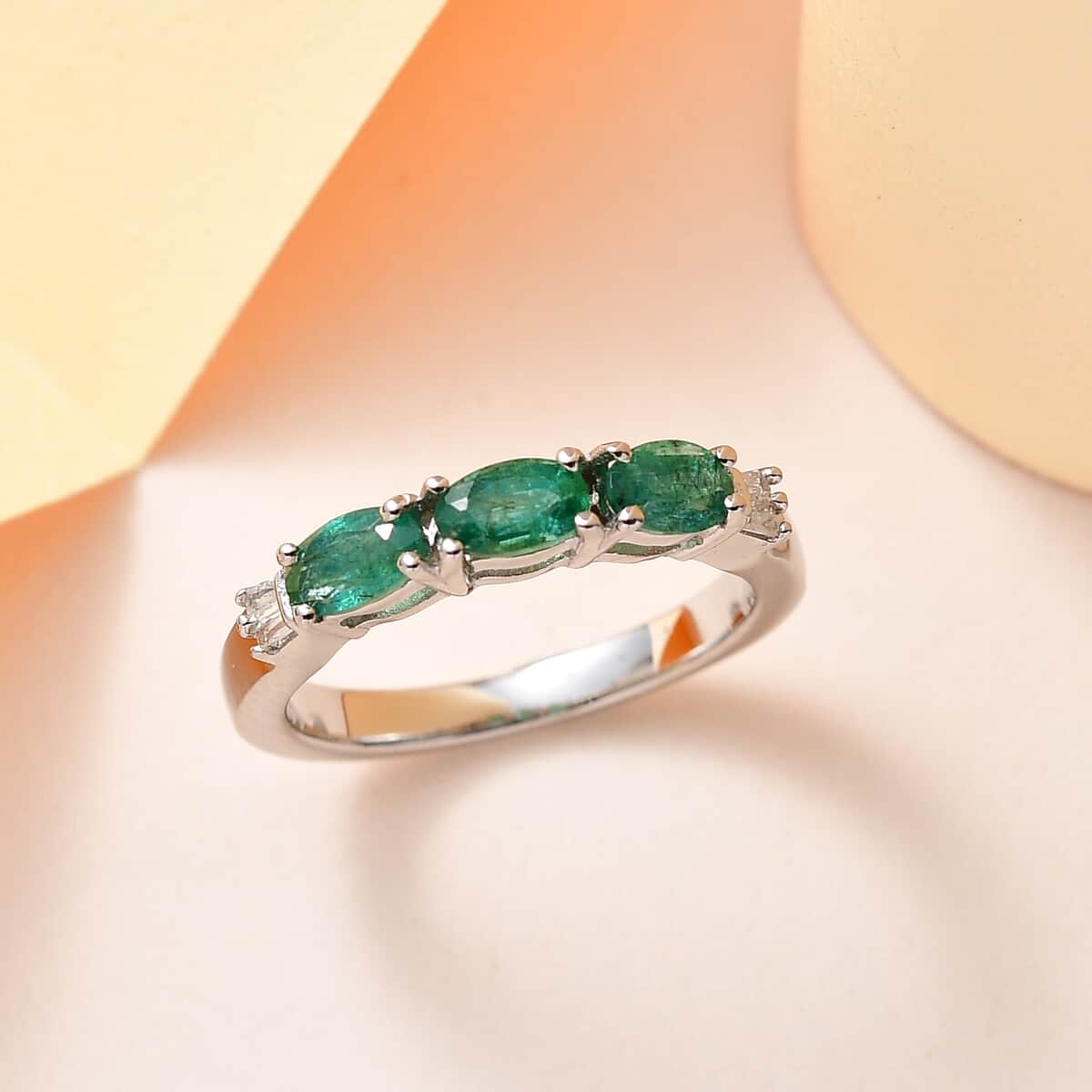 AAA Kagem Zambian Emerald and Diamond 3 Stone Ring in Platinum Over Sterling Silver 0.75 ctw image number 1