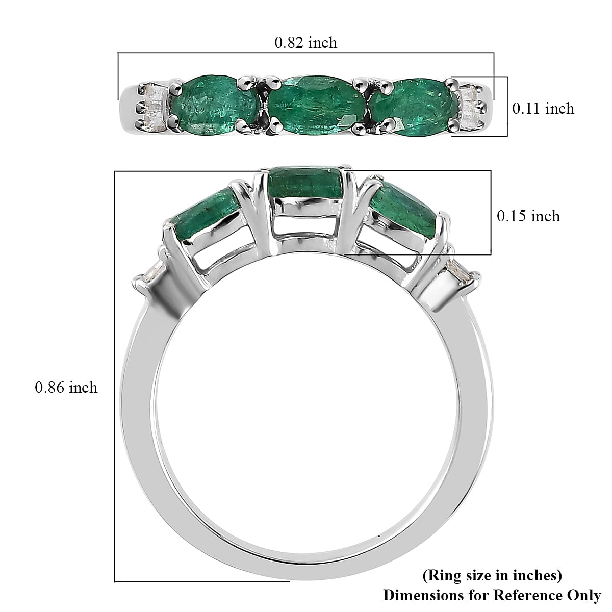 AAA Kagem Zambian Emerald and Diamond 3 Stone Ring in Platinum Over Sterling Silver (Size 10.0) 0.75 ctw