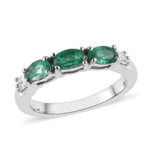 AAA Kagem Zambian Emerald and Diamond 3 Stone Ring in Platinum Over Sterling Silver 0.75 ctw