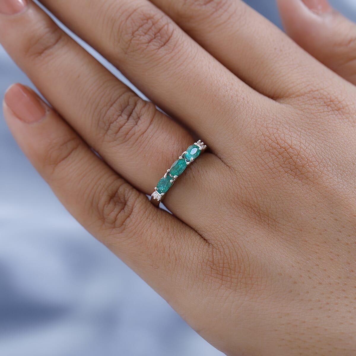 AAA Kagem Zambian Emerald and Diamond 3 Stone Ring in Platinum Over Sterling Silver (Size 7.0) 0.75 ctw image number 2