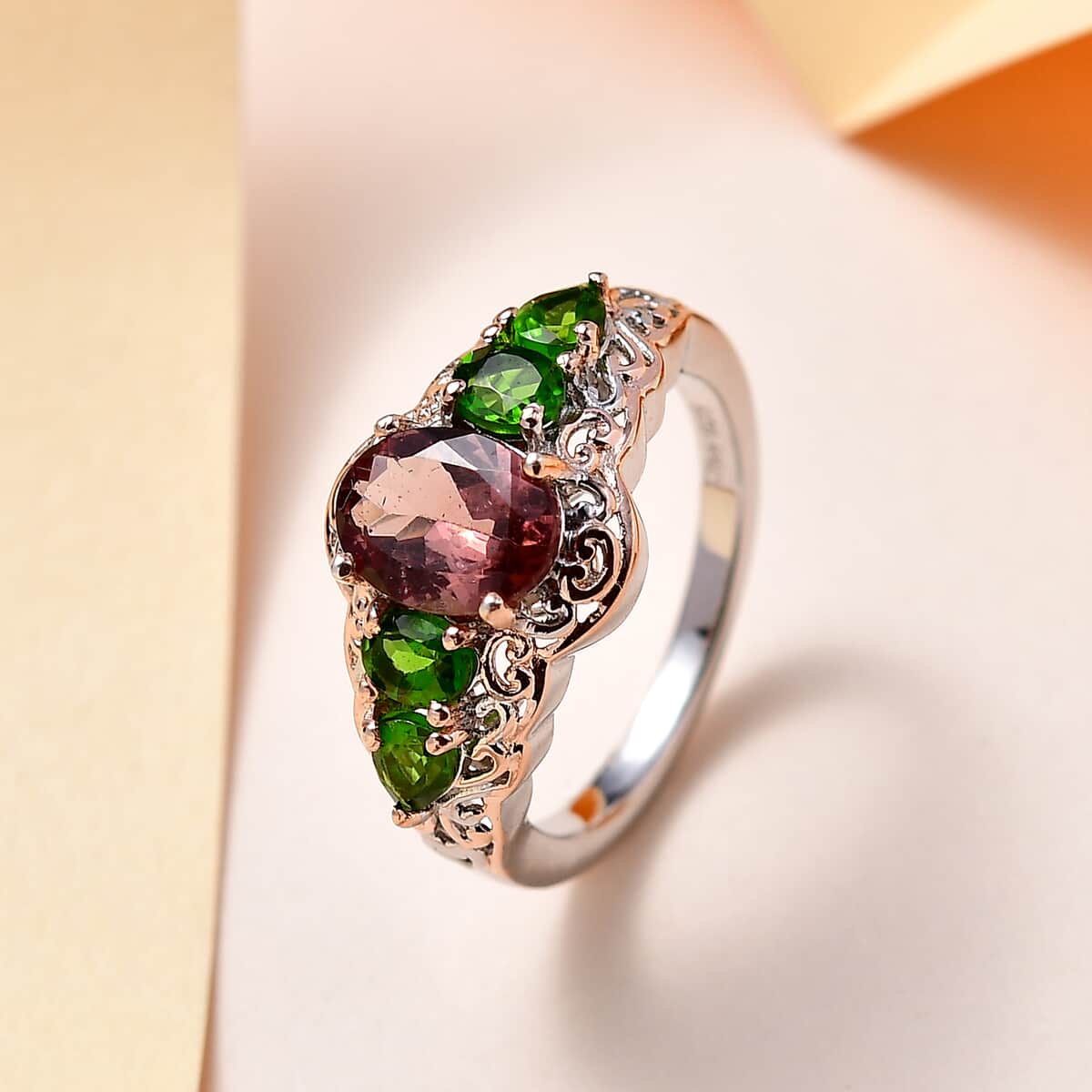 Red Rose Apatite and Chrome Diopside Ring in Vermeil Rose Gold and Platinum Over Sterling Silver (Size 9.0) 2.00 ctw image number 1