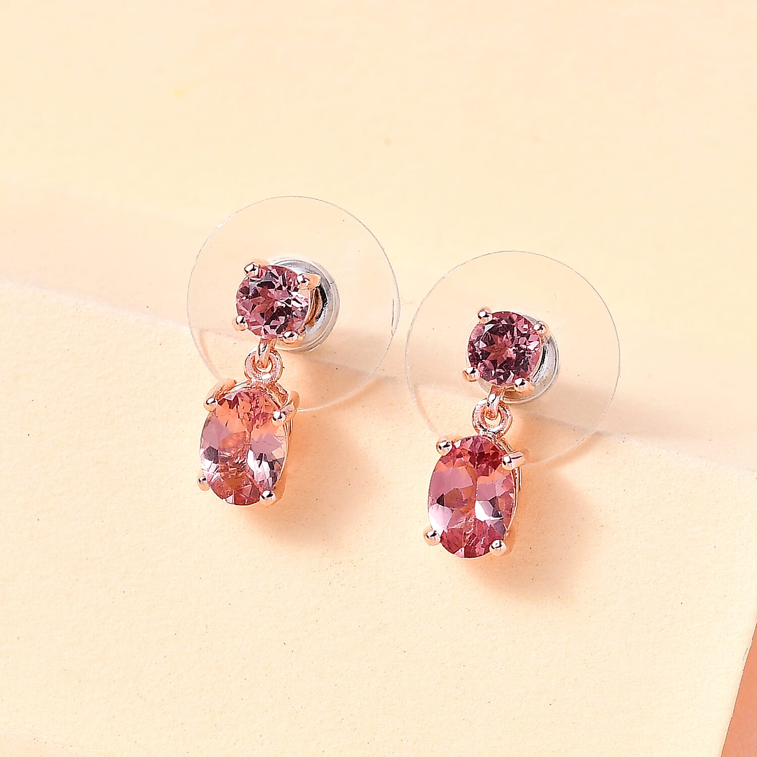 Red Rose Apatite Dangling Earrings in Vermeil Rose Gold Over Sterling Silver 2.15 ctw