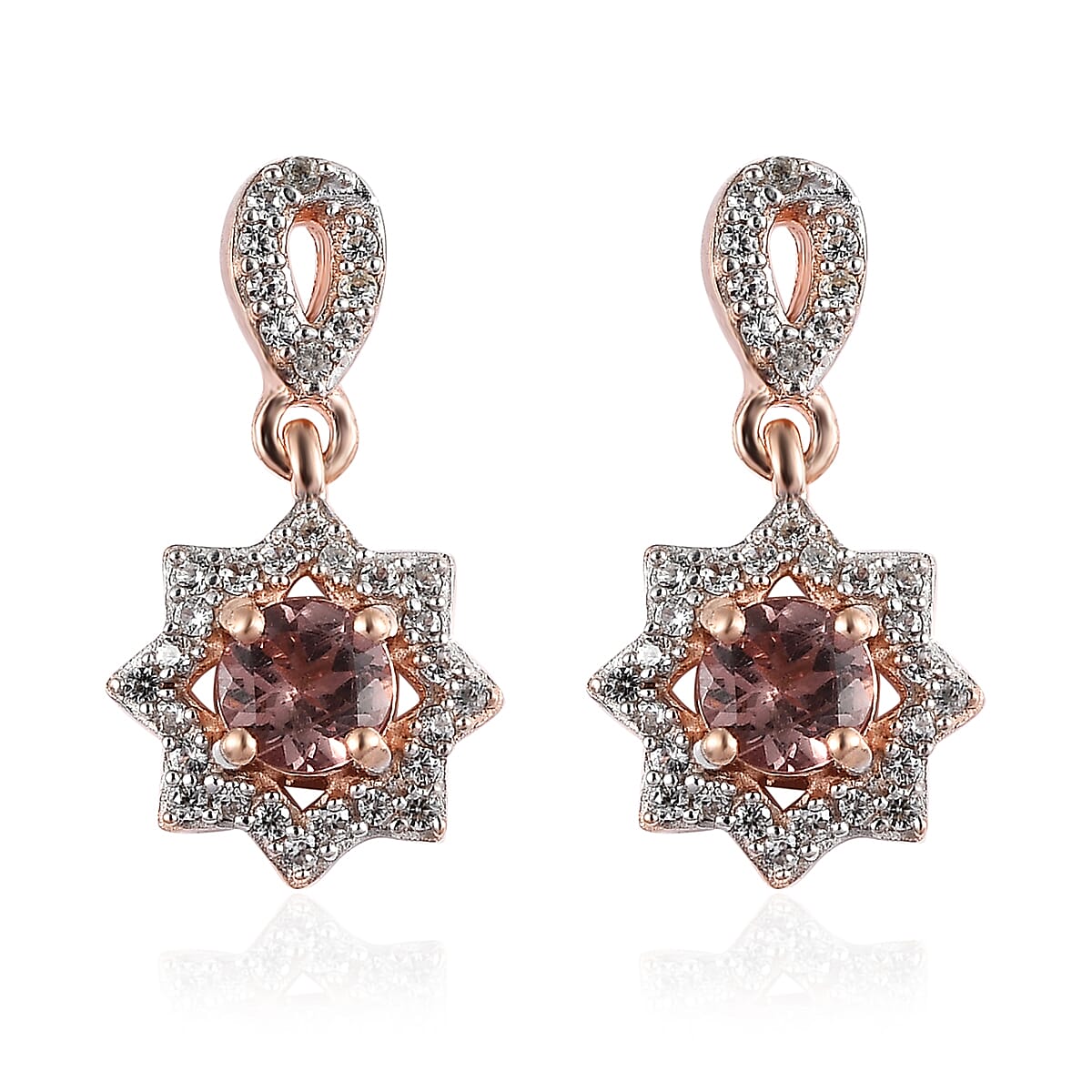 D'Joy Red Rose Apatite and White Zircon Dangling Earrings in Vermeil Rose Gold Over Sterling Silver 0.90 ctw