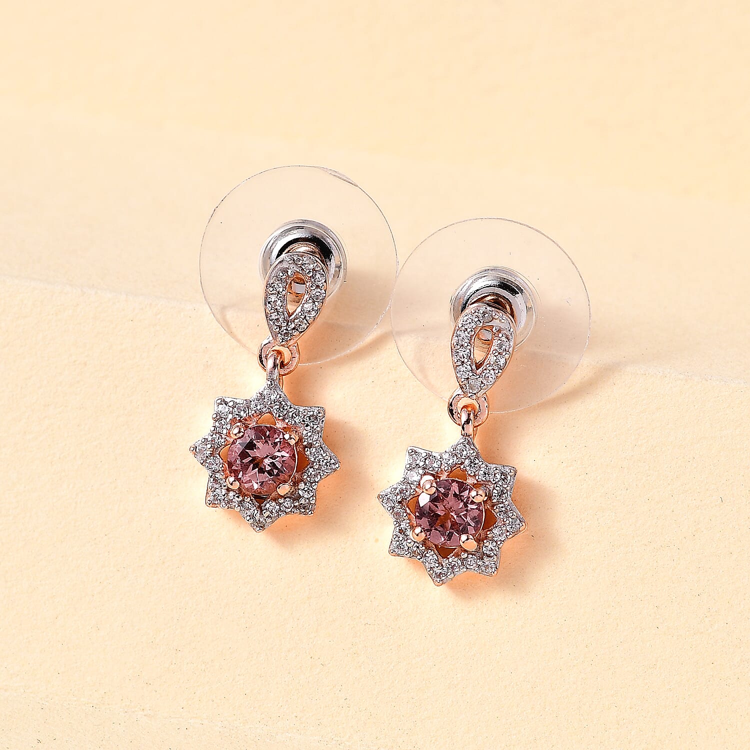 D'Joy Red Rose Apatite and White Zircon Dangling Earrings in Vermeil Rose Gold Over Sterling Silver 0.90 ctw