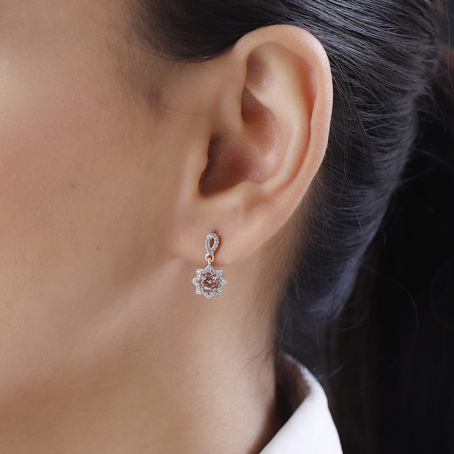 D'Joy Red Rose Apatite and White Zircon Dangling Earrings in Vermeil Rose Gold Over Sterling Silver 0.90 ctw