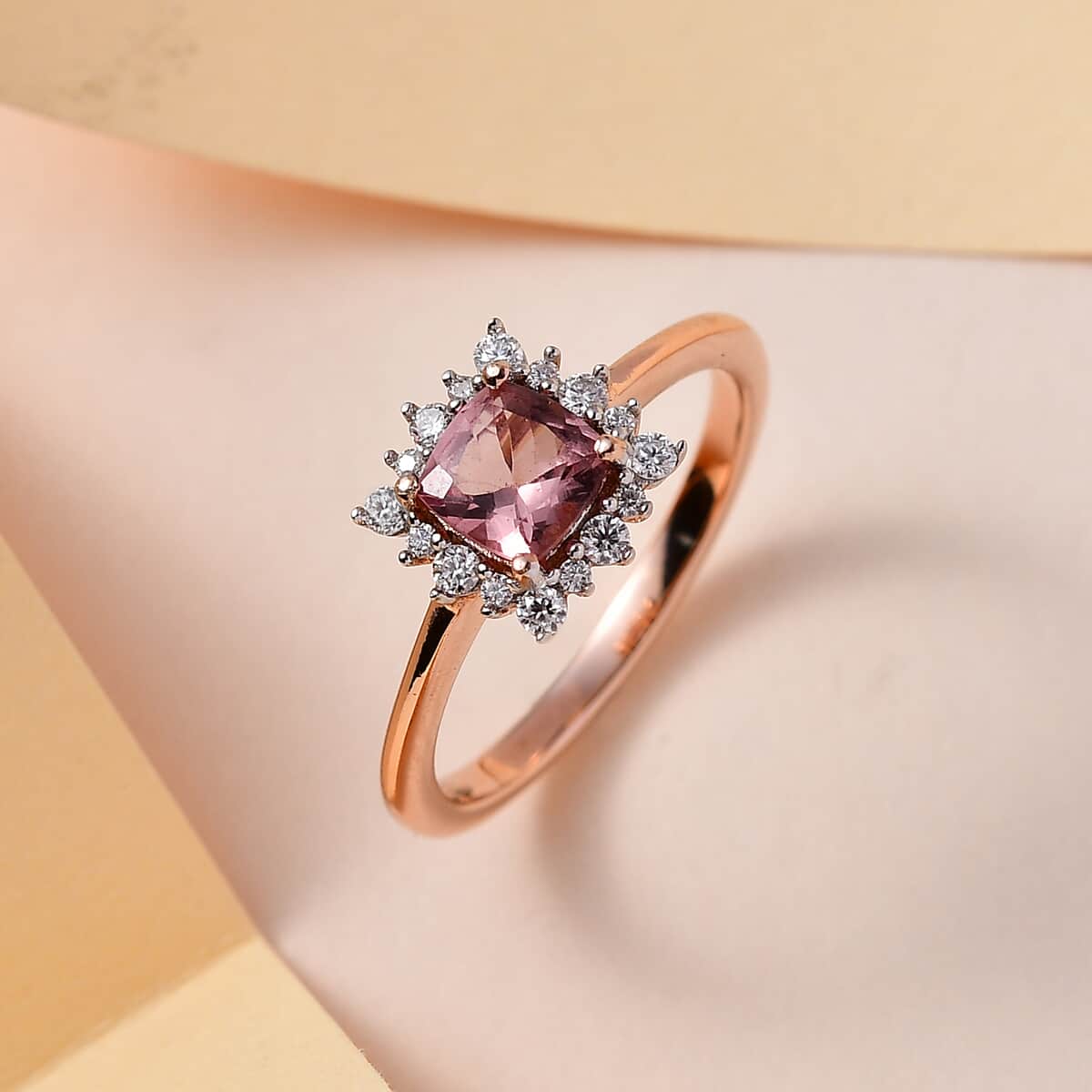 Red Apatite and Moissanite Halo Ring in Vermeil Rose Gold Over Sterling Silver 0.85 ctw image number 1