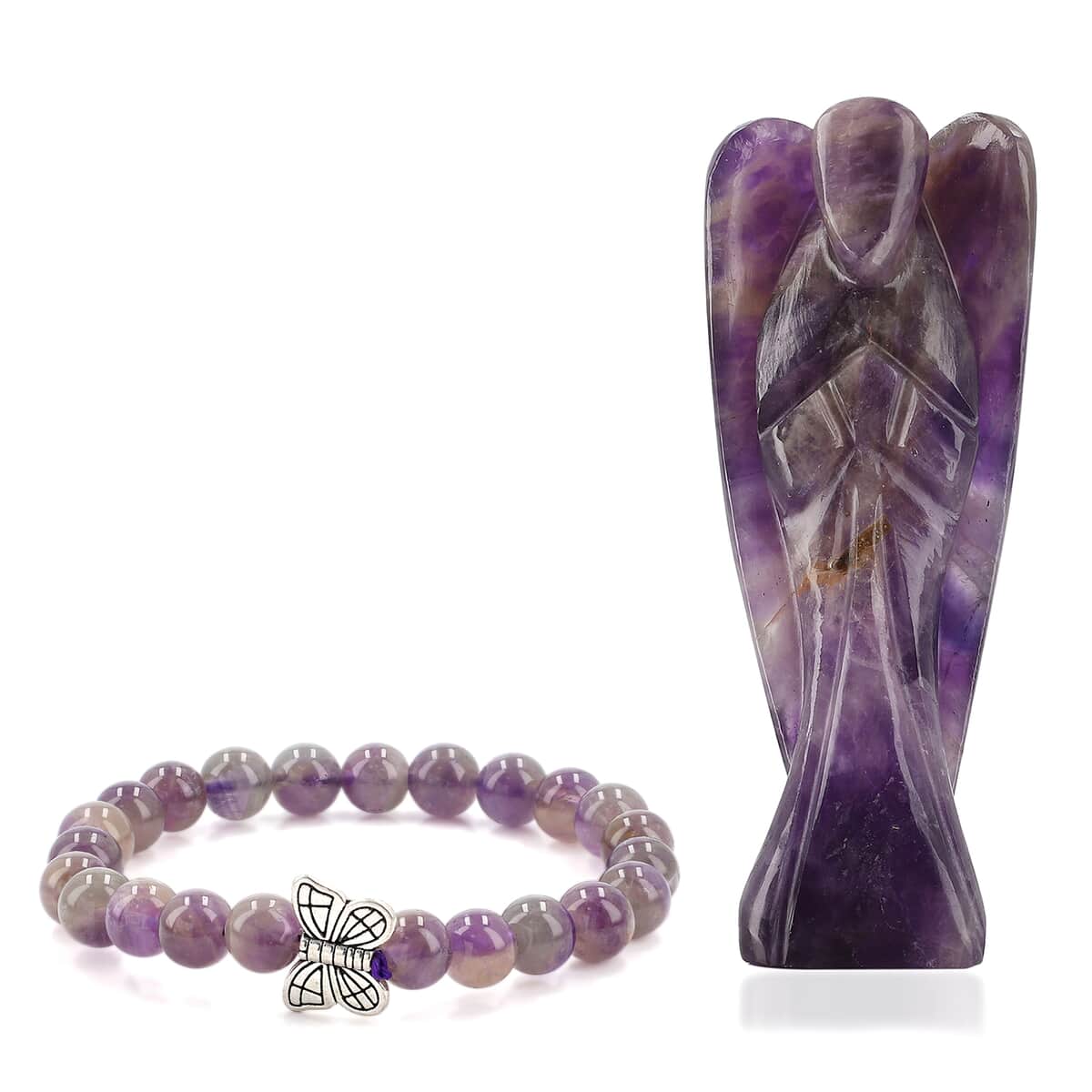 Hand Carved Amethyst Guardian Angel with Matching Beaded Stretch Bracelet image number 0