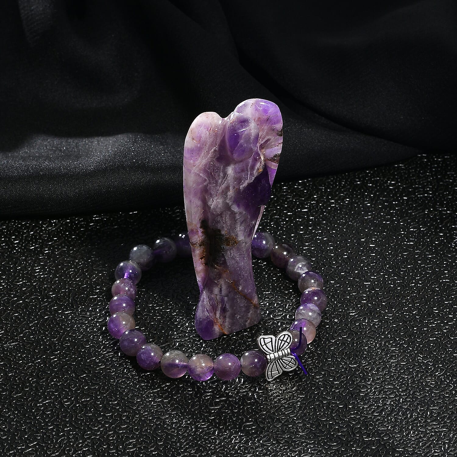 Hand Carved Amethyst Guardian Angel with Matching Beaded Stretch Bracelet