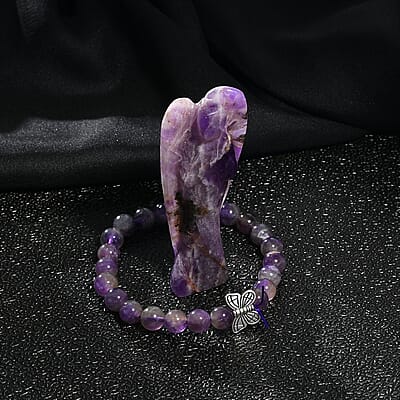 Hand Carved Amethyst Guardian Angel with Matching Beaded Stretch Bracelet