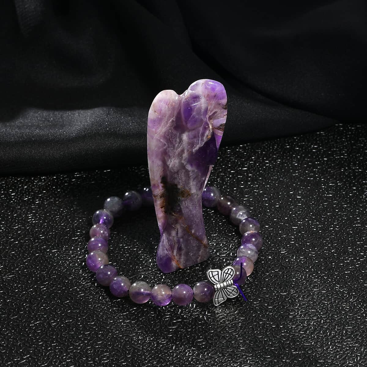 Hand Carved Amethyst Guardian Angel with Matching Beaded Stretch Bracelet image number 1