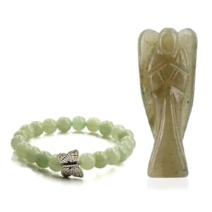 Hand Carved Green Aventurine Guardian Angel with Matching Beaded Stretch Bracelet
