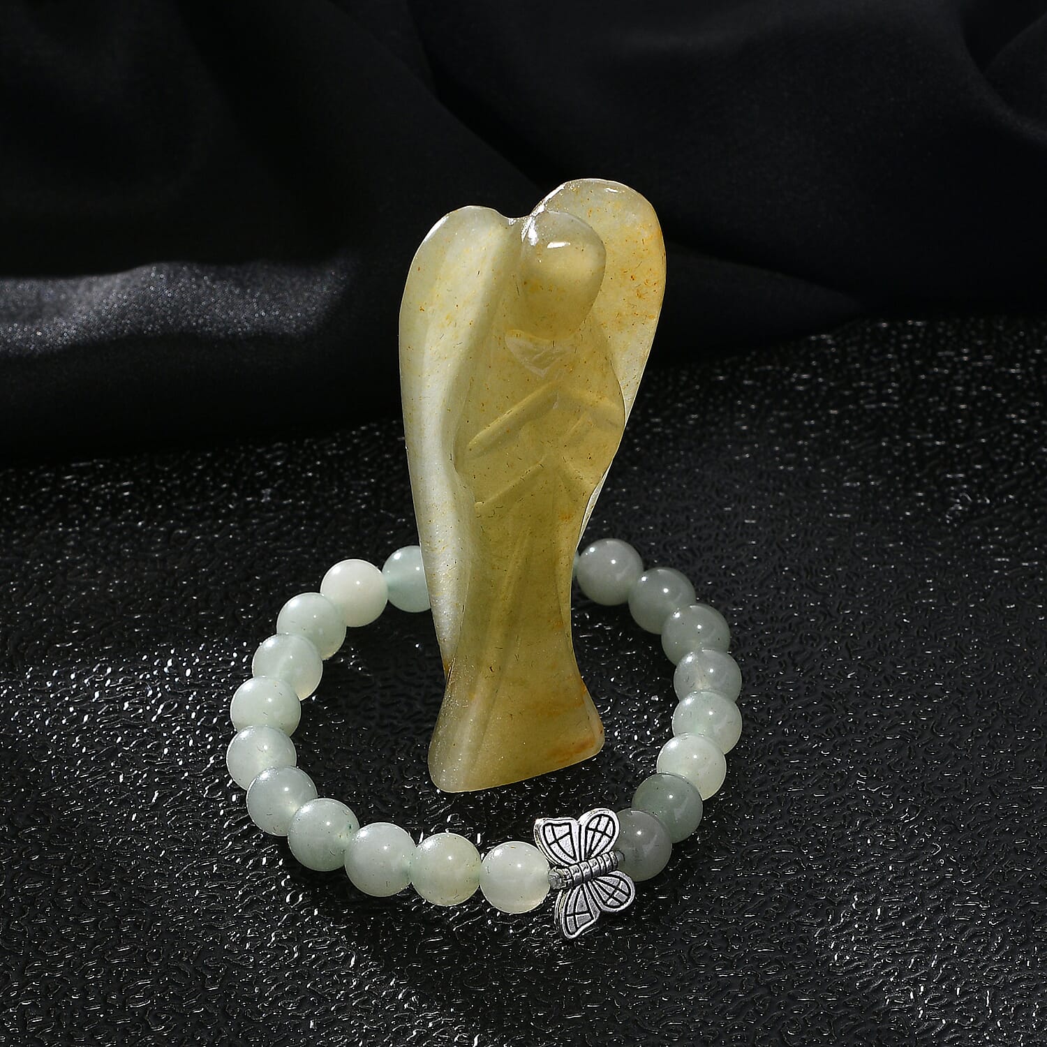 Hand Carved Green Aventurine Guardian Angel with Matching Beaded Stretch Bracelet