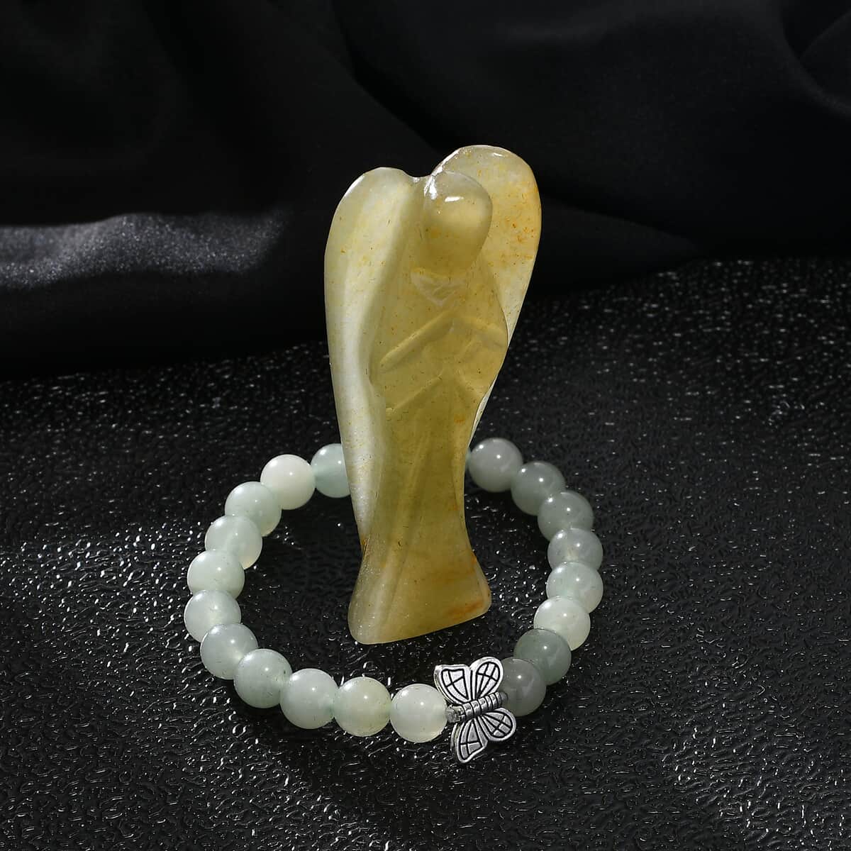 Hand Carved Green Aventurine Guardian Angel with Matching Beaded Stretch Bracelet image number 1