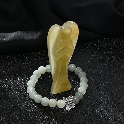 Hand Carved Green Aventurine Guardian Angel with Matching Beaded Stretch Bracelet
