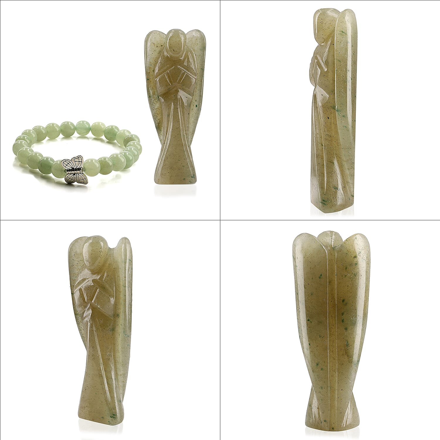 Hand Carved Green Aventurine Guardian Angel with Matching Beaded Stretch Bracelet