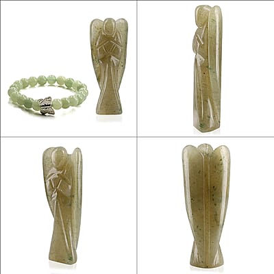 Hand Carved Green Aventurine Guardian Angel with Matching Beaded Stretch Bracelet