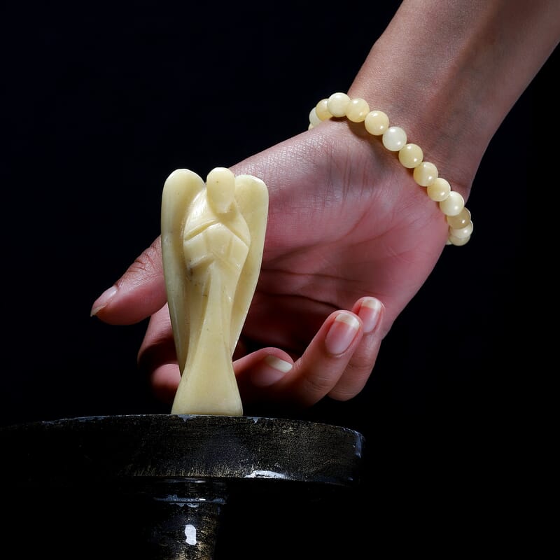Hand Carved Ivory Aventurine Guardian Angel with Matching Beaded Stretch Bracelet