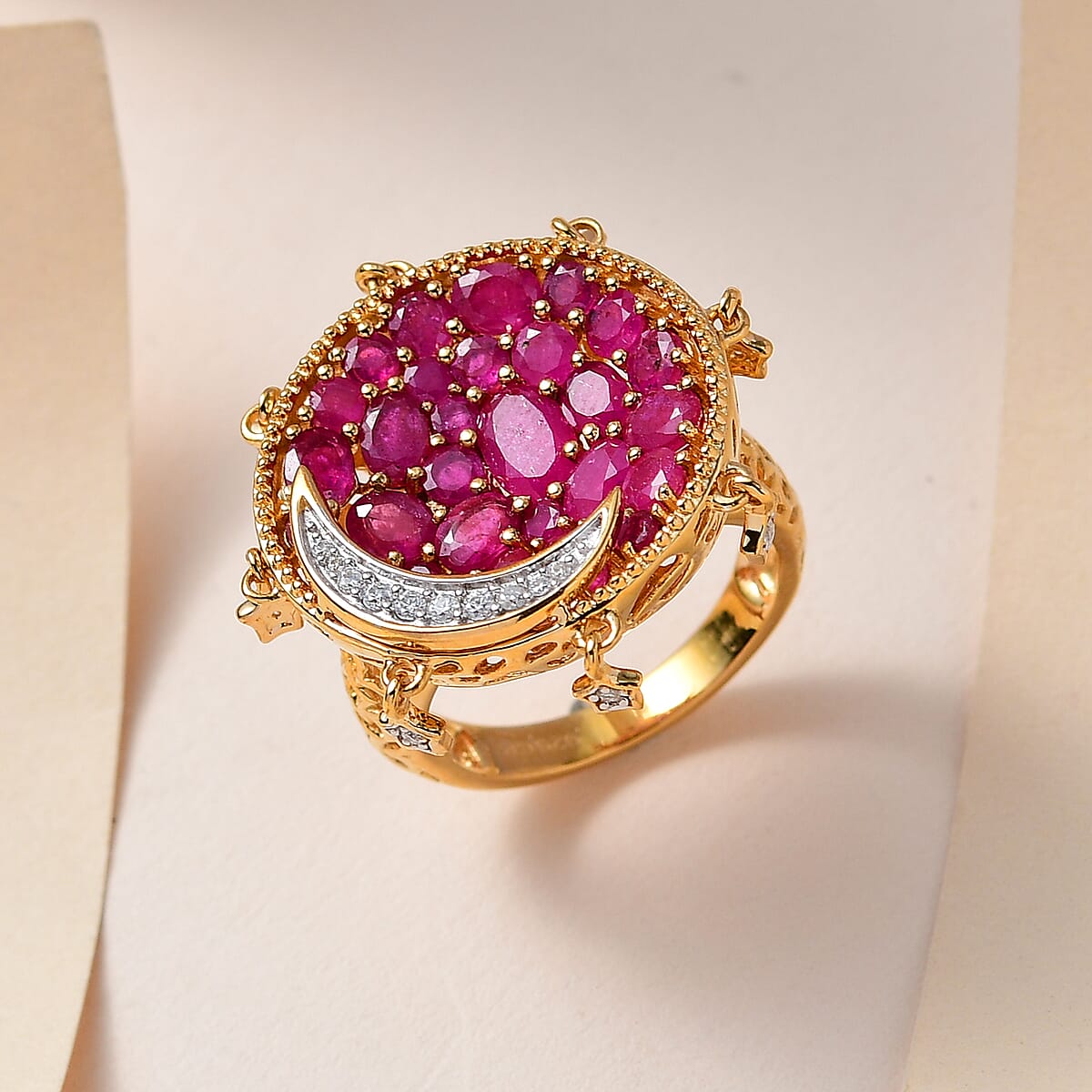 GP Celestial Dreams Collection Niassa Ruby (FF) and Moissanite Moon Star Ring in Vermeil Yellow Gold Over Sterling Silver (Size 10.0) 5.40 ctw image number 1