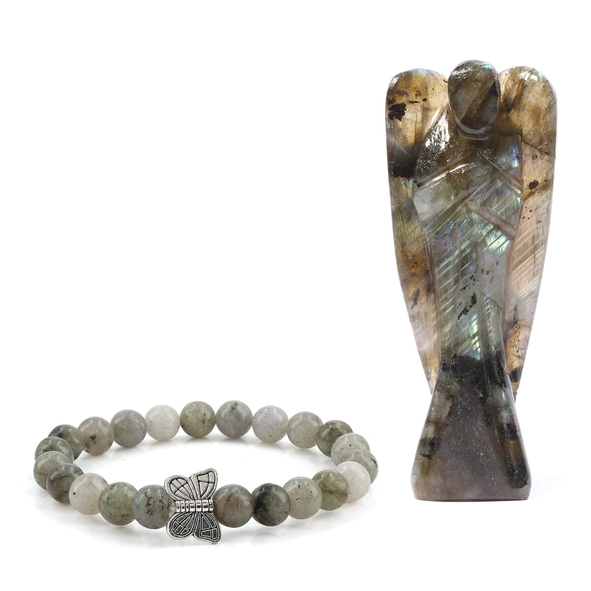 Hand Carved Labradorite Guardian Angel with Matching Beaded Stretch Bracelet image number 0