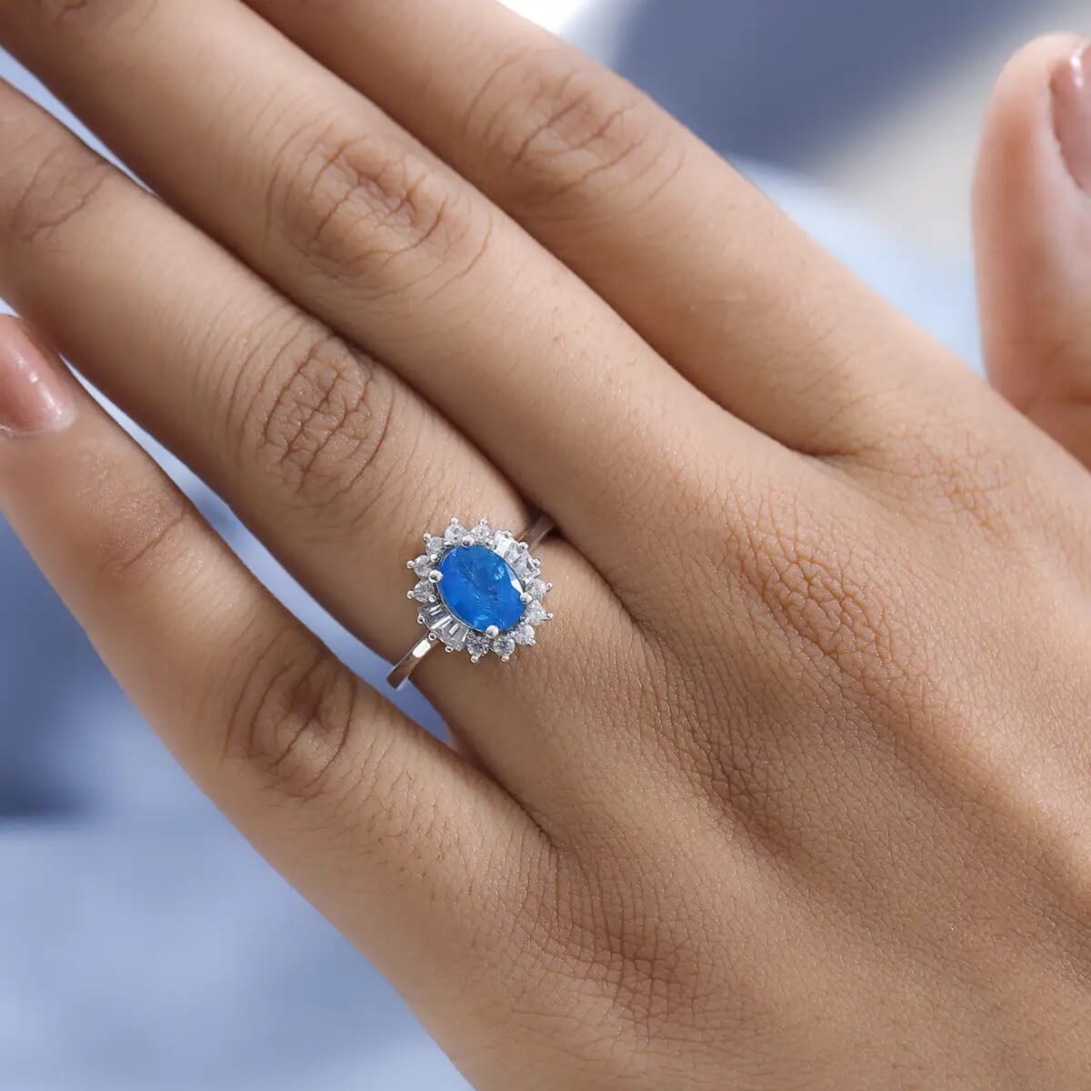 Malgache Neon Apatite and White Zircon Halo Ring in Platinum Over Sterling Silver 1.75 ctw image number 5