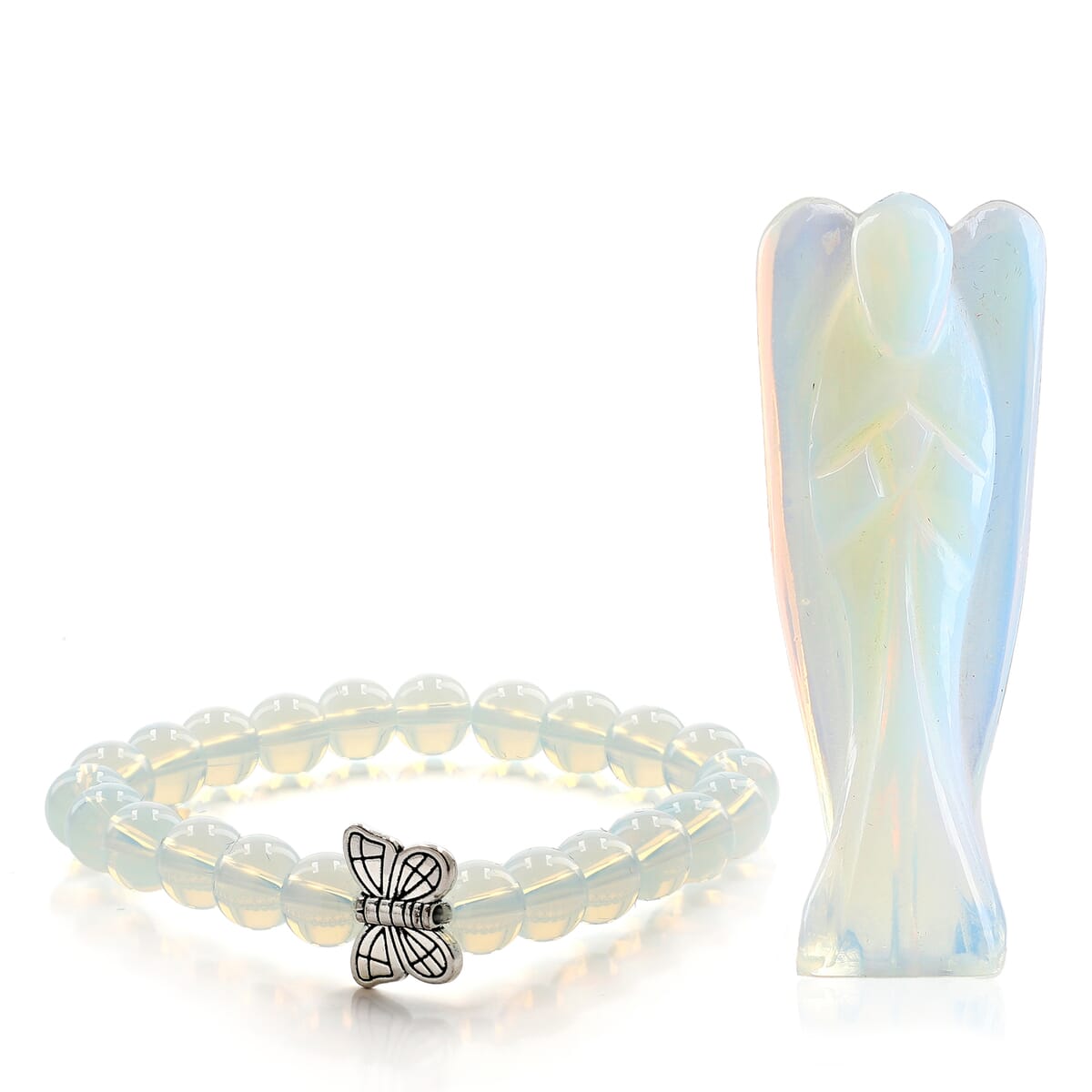 Hand Carved Opalite Guardian Angel with Matching Beaded Stretch Bracelet image number 0