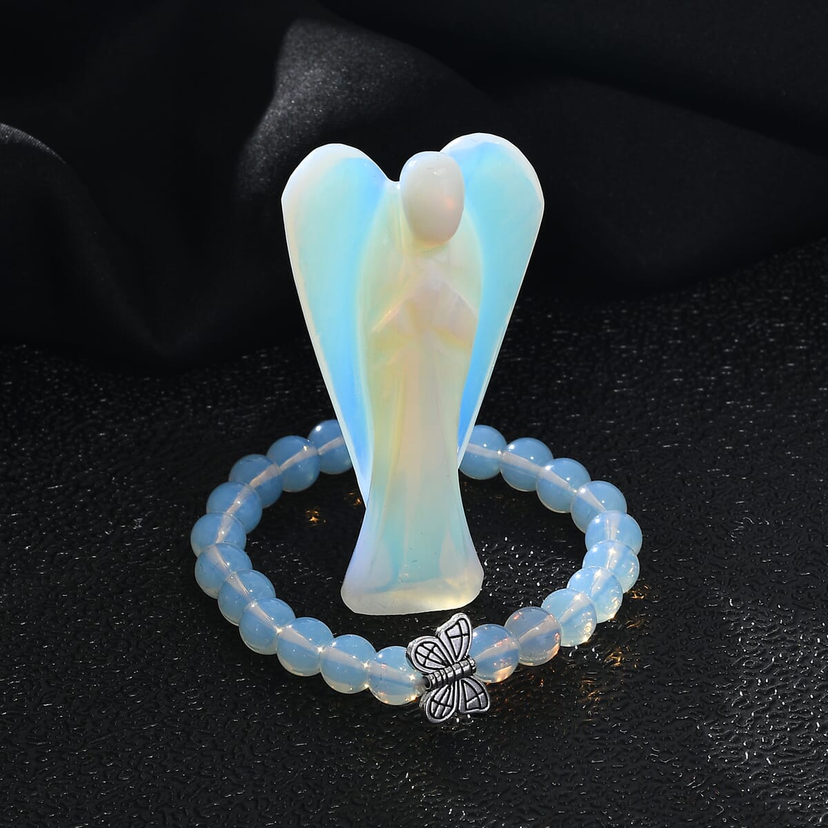 Hand Carved Opalite Guardian Angel with Matching Beaded Stretch Bracelet image number 1