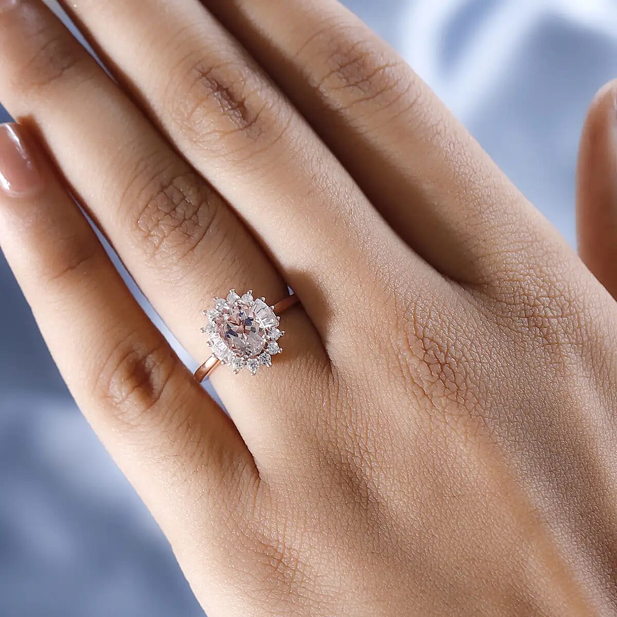 Premium Marropino Morganite Ring, Morganite Halo Ring, White Zircon Accent Ring, Vermeil Rose Gold Over Sterling Silver Ring 1.50 ctw image number 5