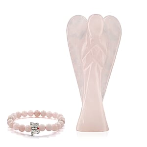 Hand Carved Rose Quartz Guardian Angel with Matching Beaded Stretch Bracelet