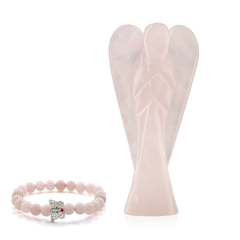 Hand Carved Rose Quartz Guardian Angel with Matching Beaded Stretch Bracelet