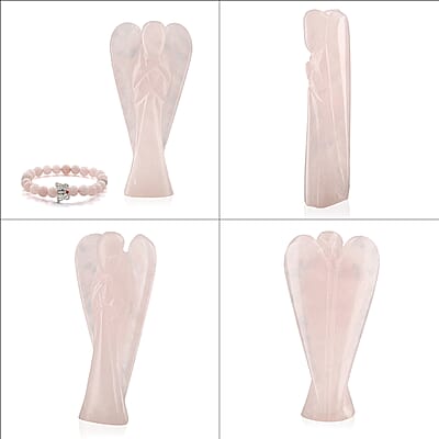 Hand Carved Rose Quartz Guardian Angel with Matching Beaded Stretch Bracelet