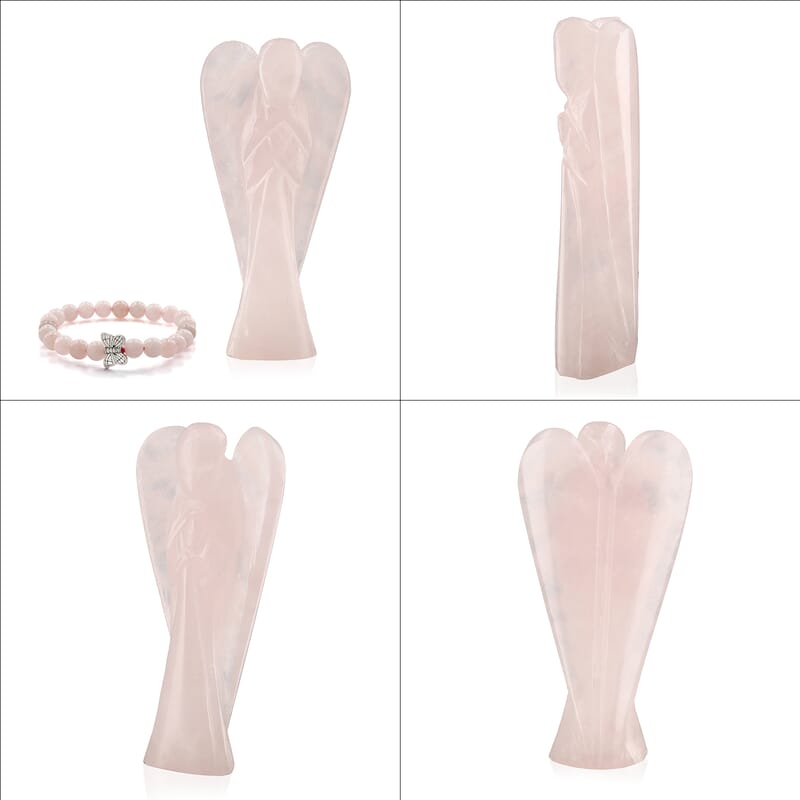 Hand Carved Rose Quartz Guardian Angel with Matching Beaded Stretch Bracelet