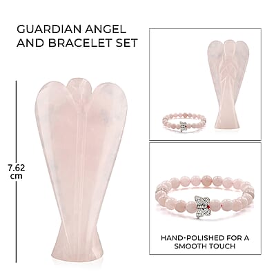 Hand Carved Rose Quartz Guardian Angel with Matching Beaded Stretch Bracelet