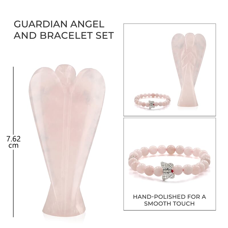 Hand Carved Rose Quartz Guardian Angel with Matching Beaded Stretch Bracelet