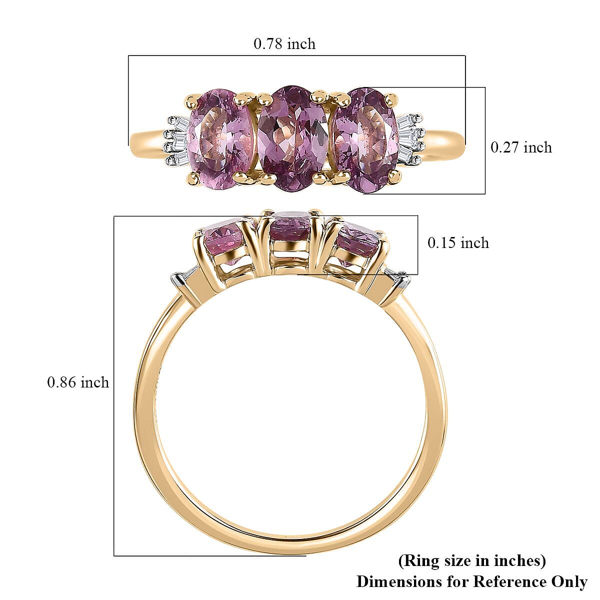 Luxoro 10K Yellow Gold Premium Narsipatnam Purple Spinel and G-H I2 Diamond 3 Stone Ring (Size 6.0) 1.50 ctw image number 5