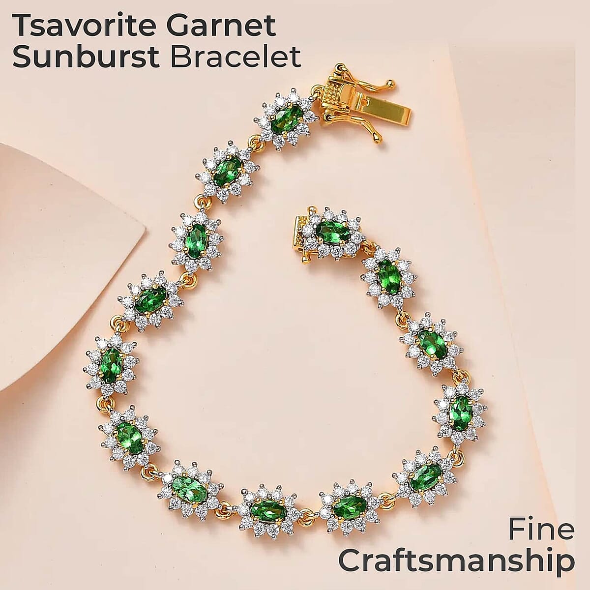 Tsavorite Garnet Sunburst and Moissanite 6.20 ctw Accent Bracelet, Garnet Bracelet, Vermeil Yellow Gold Over Sterling Silver Bracelet (6.50 In) image number 1