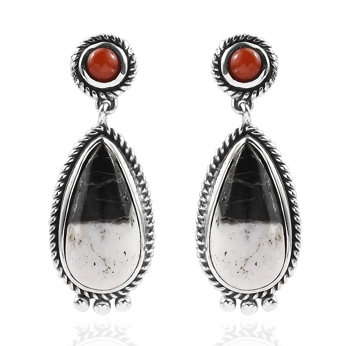 Artisan Crafted White Buffalo and Mediterranean Coral Earrings in Sterling Silver 10.50 ctw image number 0