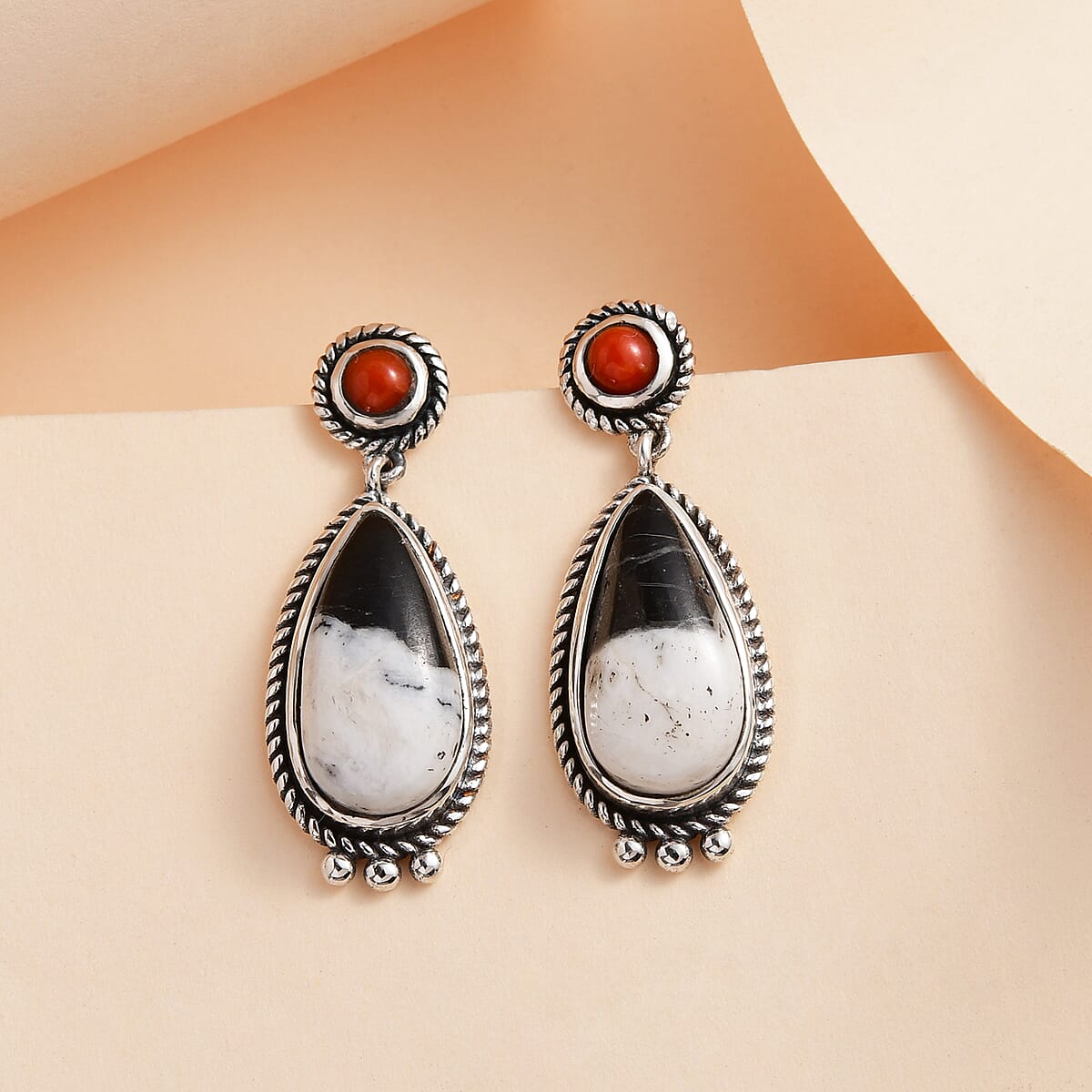 Artisan Crafted White Buffalo and Mediterranean Coral Earrings in Sterling Silver 10.50 ctw image number 1