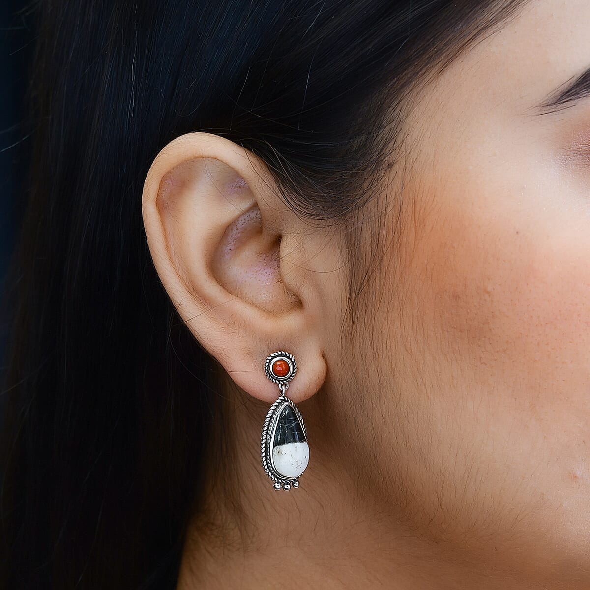 Artisan Crafted White Buffalo and Mediterranean Coral Earrings in Sterling Silver 10.50 ctw image number 2