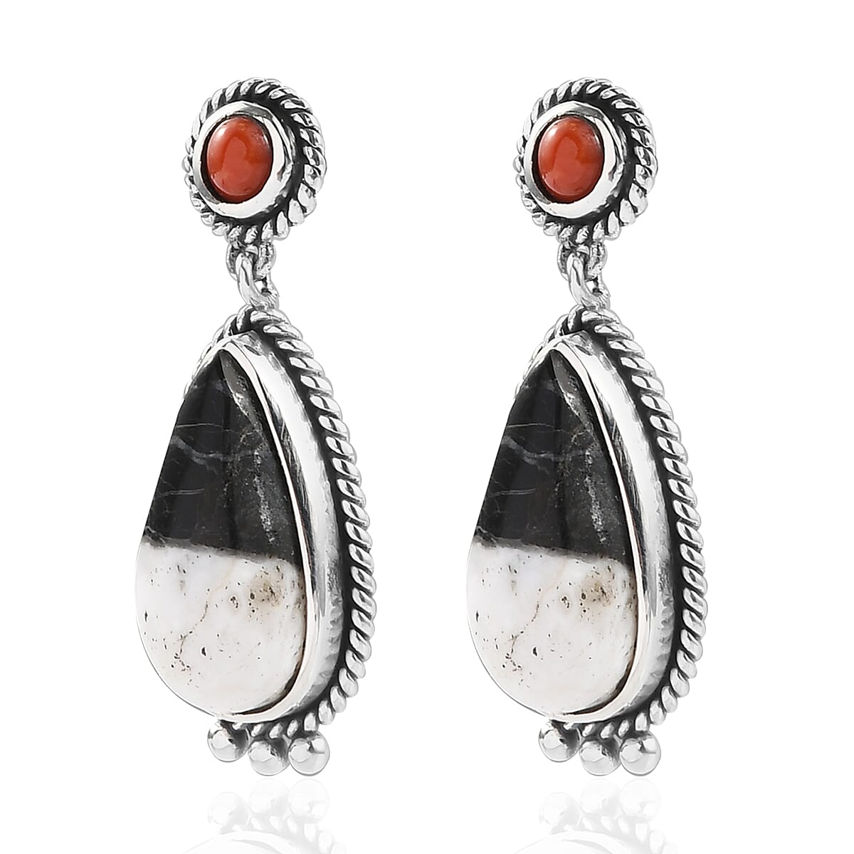 Artisan Crafted White Buffalo and Mediterranean Coral Earrings in Sterling Silver 10.50 ctw image number 3