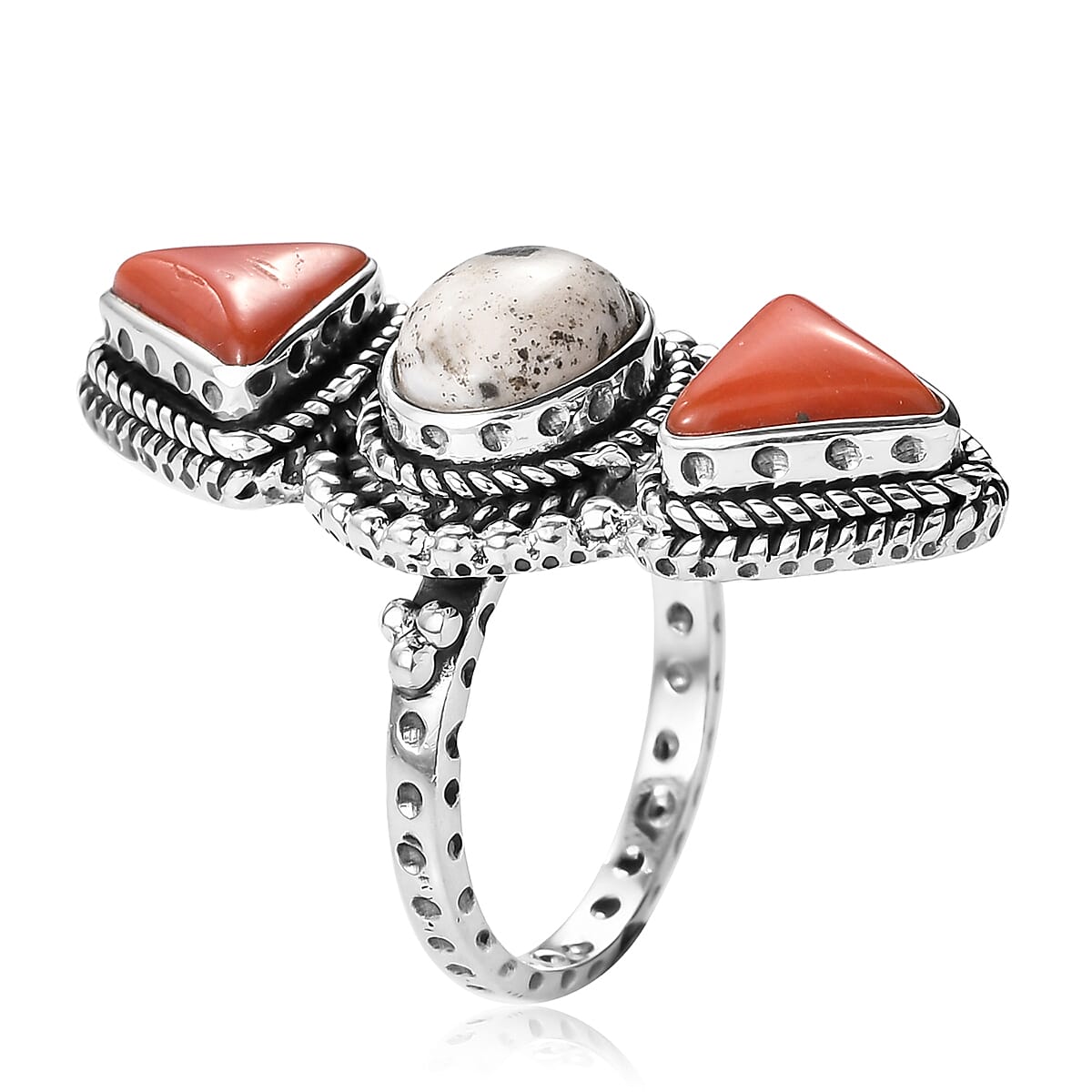 Artisan Crafted White Buffalo and Mediterranean Coral Ring in Sterling Silver (Size 10.0) 4.40 ctw image number 3