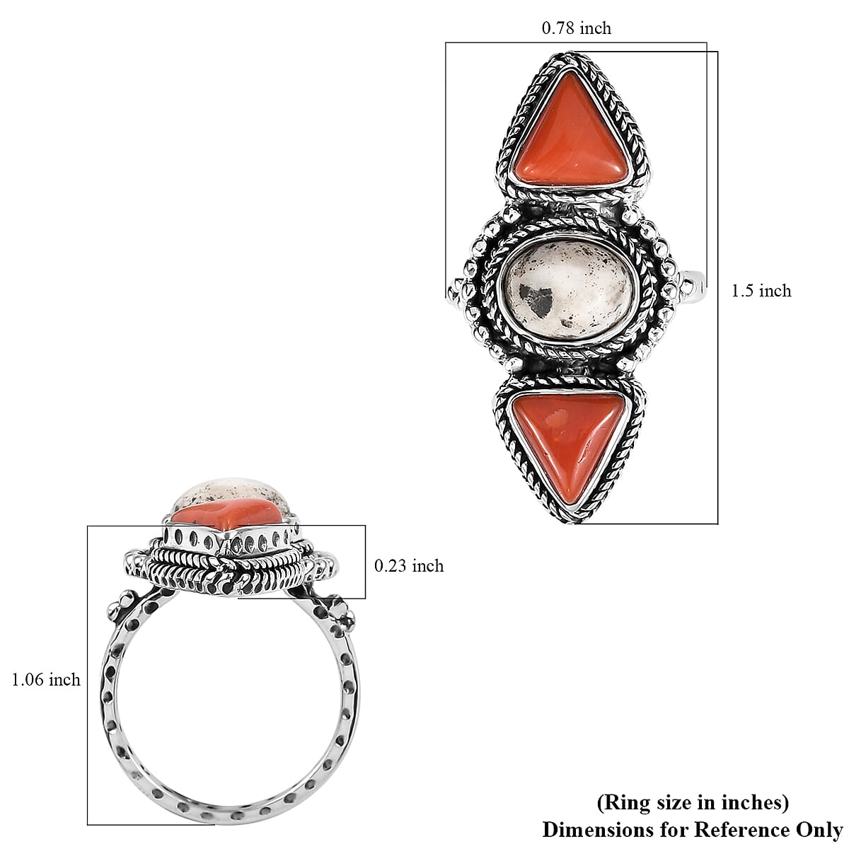 Artisan Crafted White Buffalo and Mediterranean Coral Ring in Sterling Silver (Size 10.0) 4.40 ctw image number 5