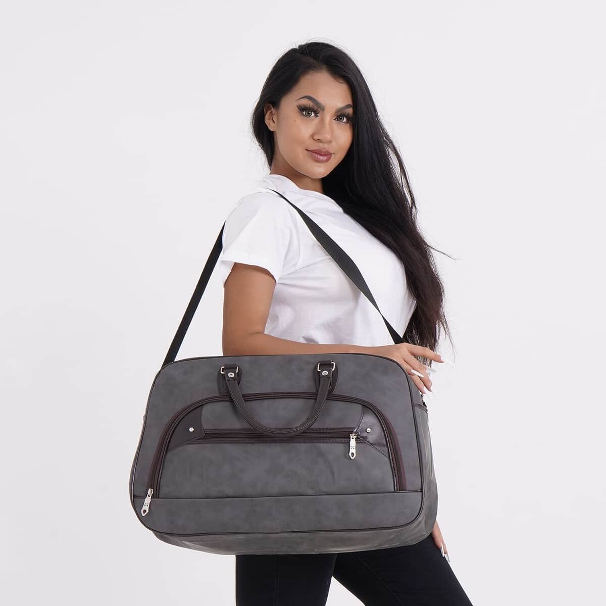 TLV Gray Color Faux Leather Travel Bag (21.26"x8.66"x13.39") with Handle Drop (5.5") & Shoulder Strap (40") image number 1