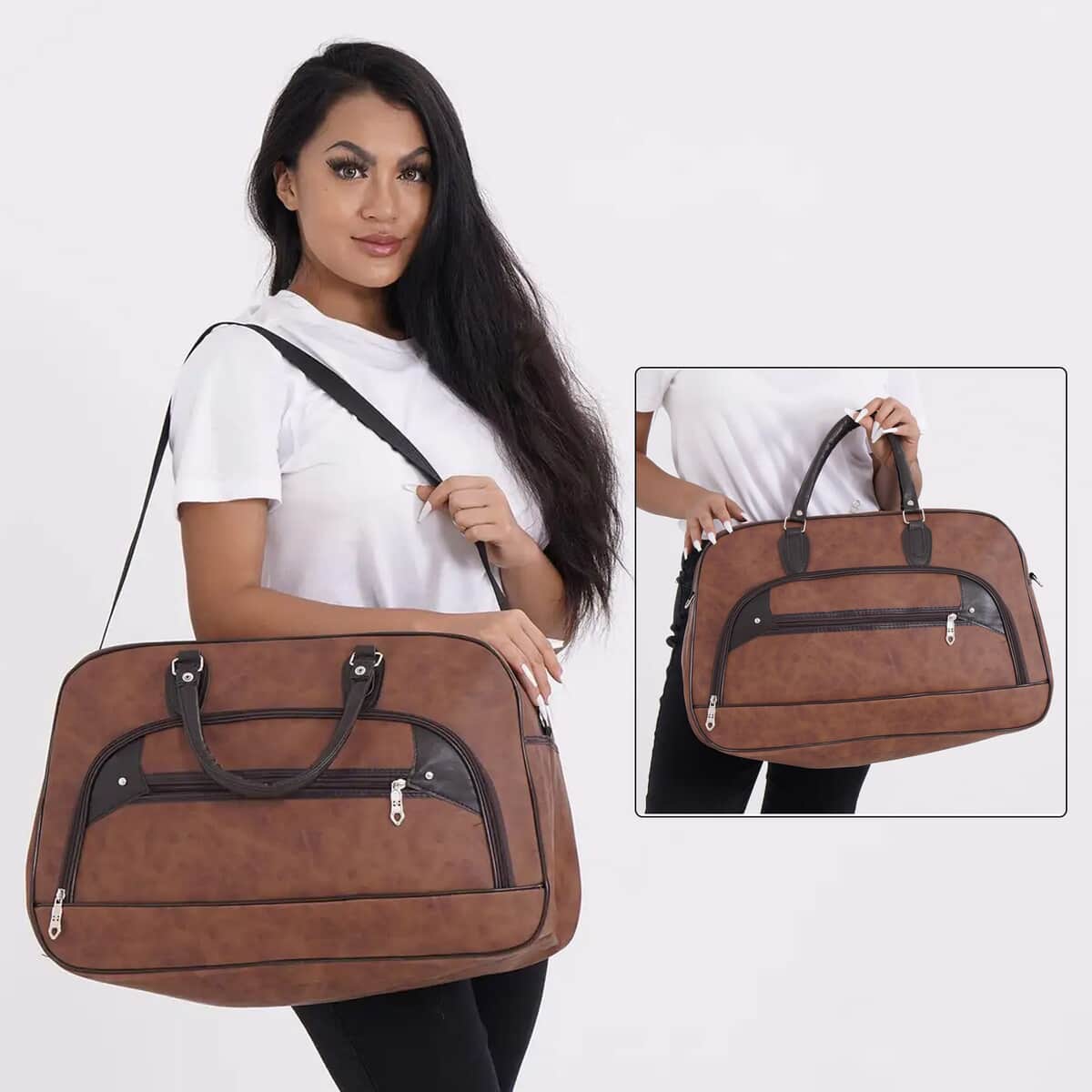 Tan Color Faux Leather Travel Bag with Handle Drop & Shoulder Strap image number 1