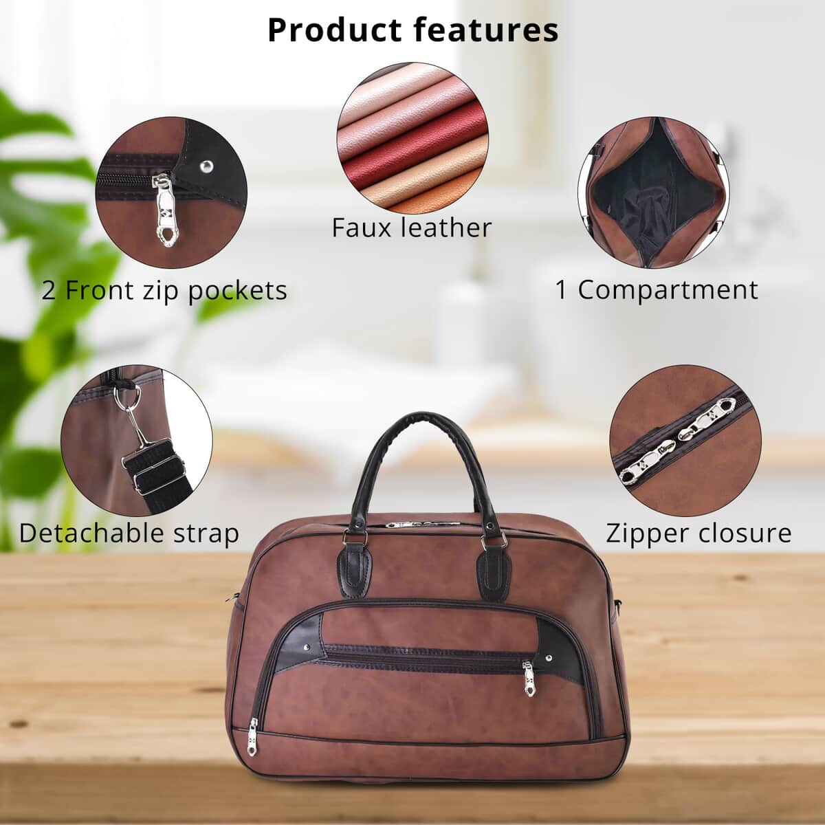 Tan Color Faux Leather Travel Bag with Handle Drop & Shoulder Strap image number 2