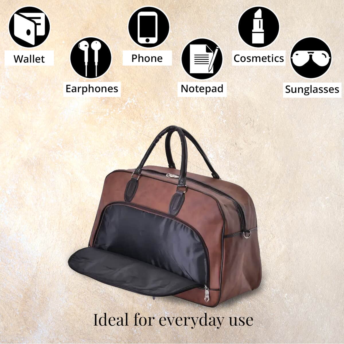Tan Color Faux Leather Travel Bag with Handle Drop & Shoulder Strap image number 3