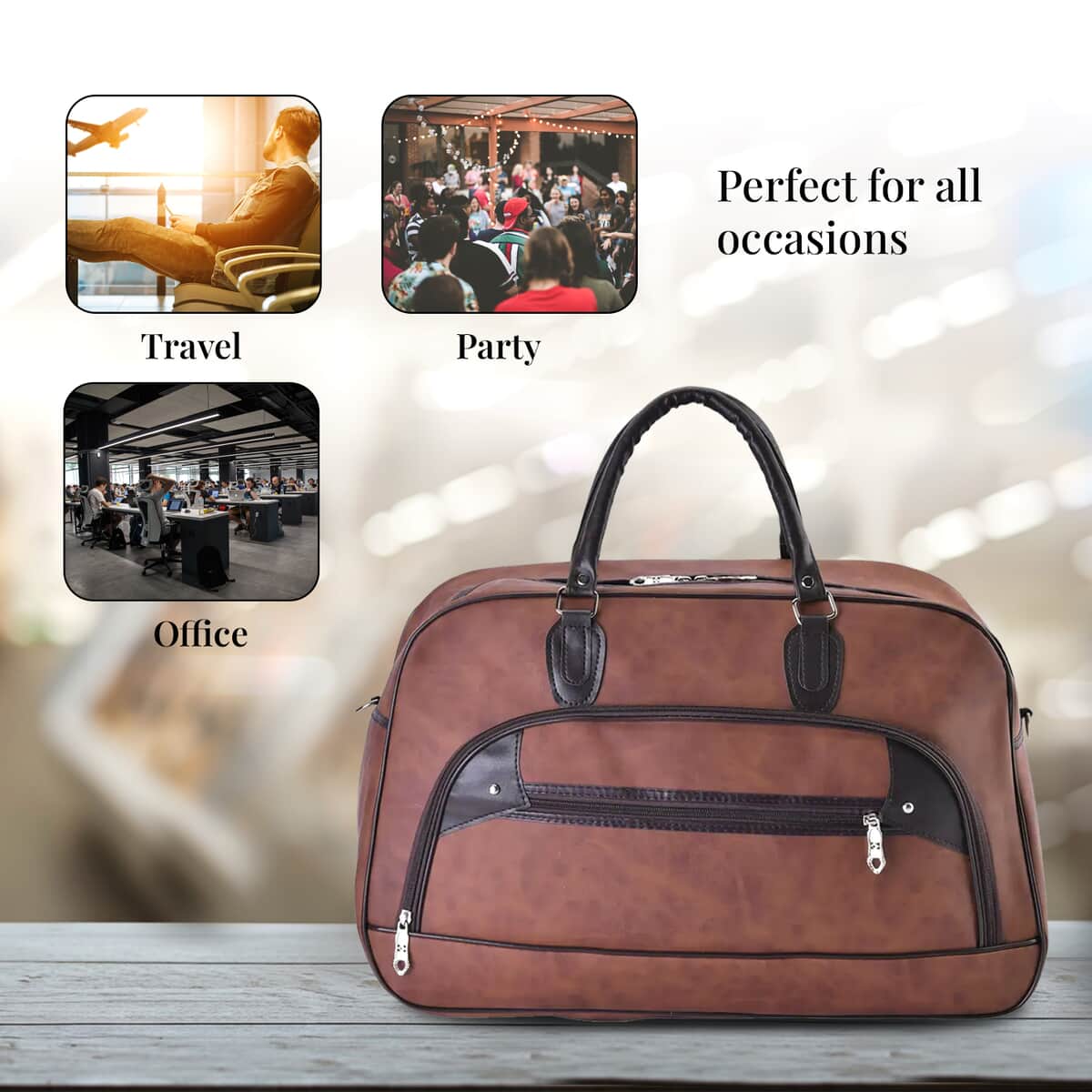Tan Color Faux Leather Travel Bag with Handle Drop & Shoulder Strap image number 4