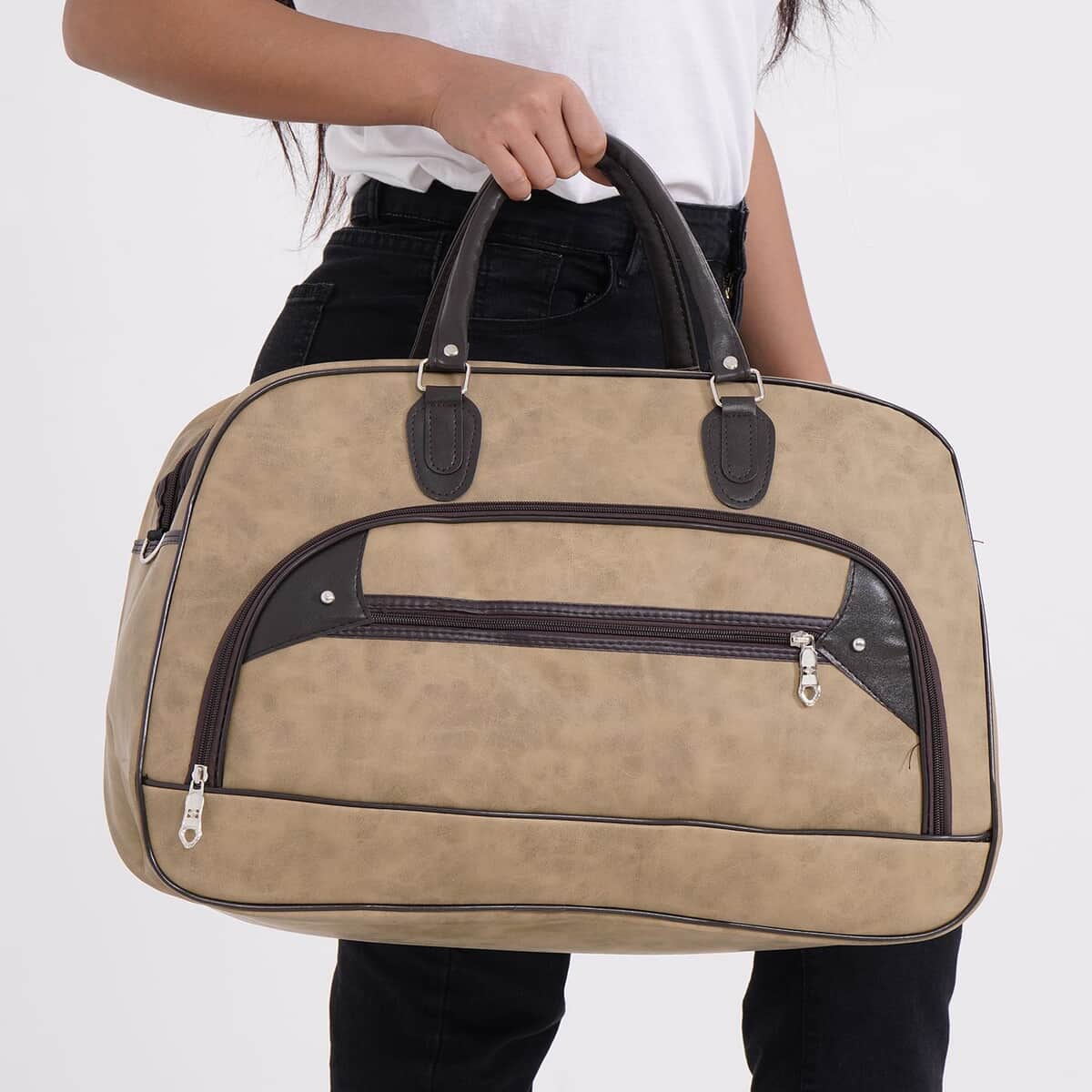 Khaki Color Faux Leather Travel Bag with Handle Drop & Shoulder Strap image number 2