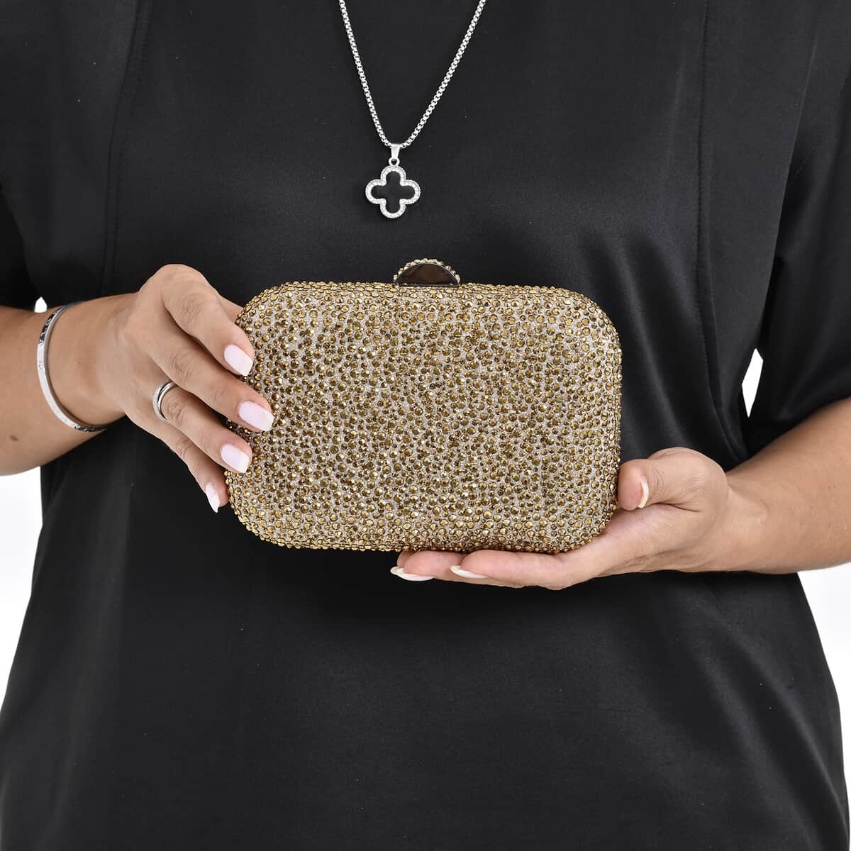 Gold Color Sparkling Crystal Clutch Bag with Detachable Chain image number 2