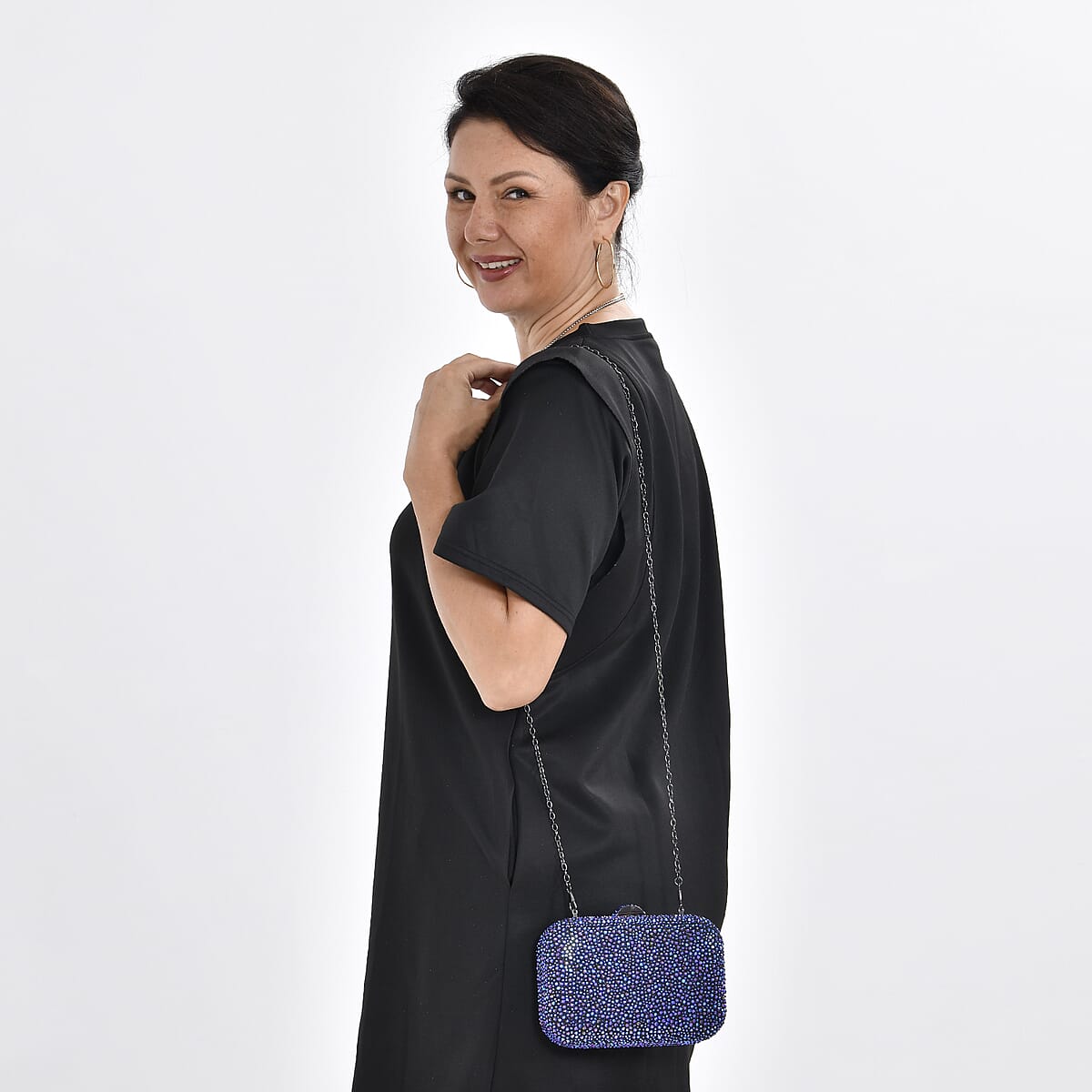 Black and Blue Color Sparkling Crystal Clutch Bag with Detachable Chain image number 1